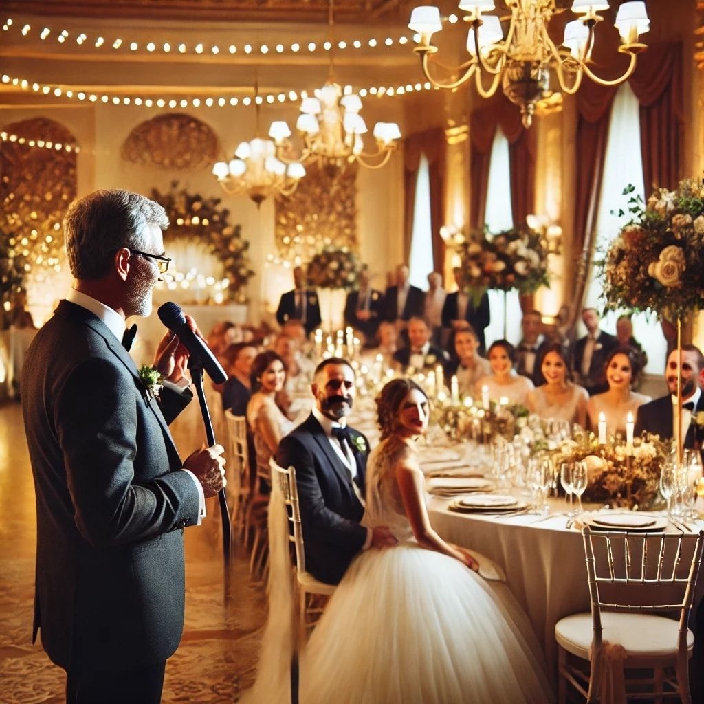 A father of the bride giving a traditional wedding speech to welcome guests and share heartfelt memories.